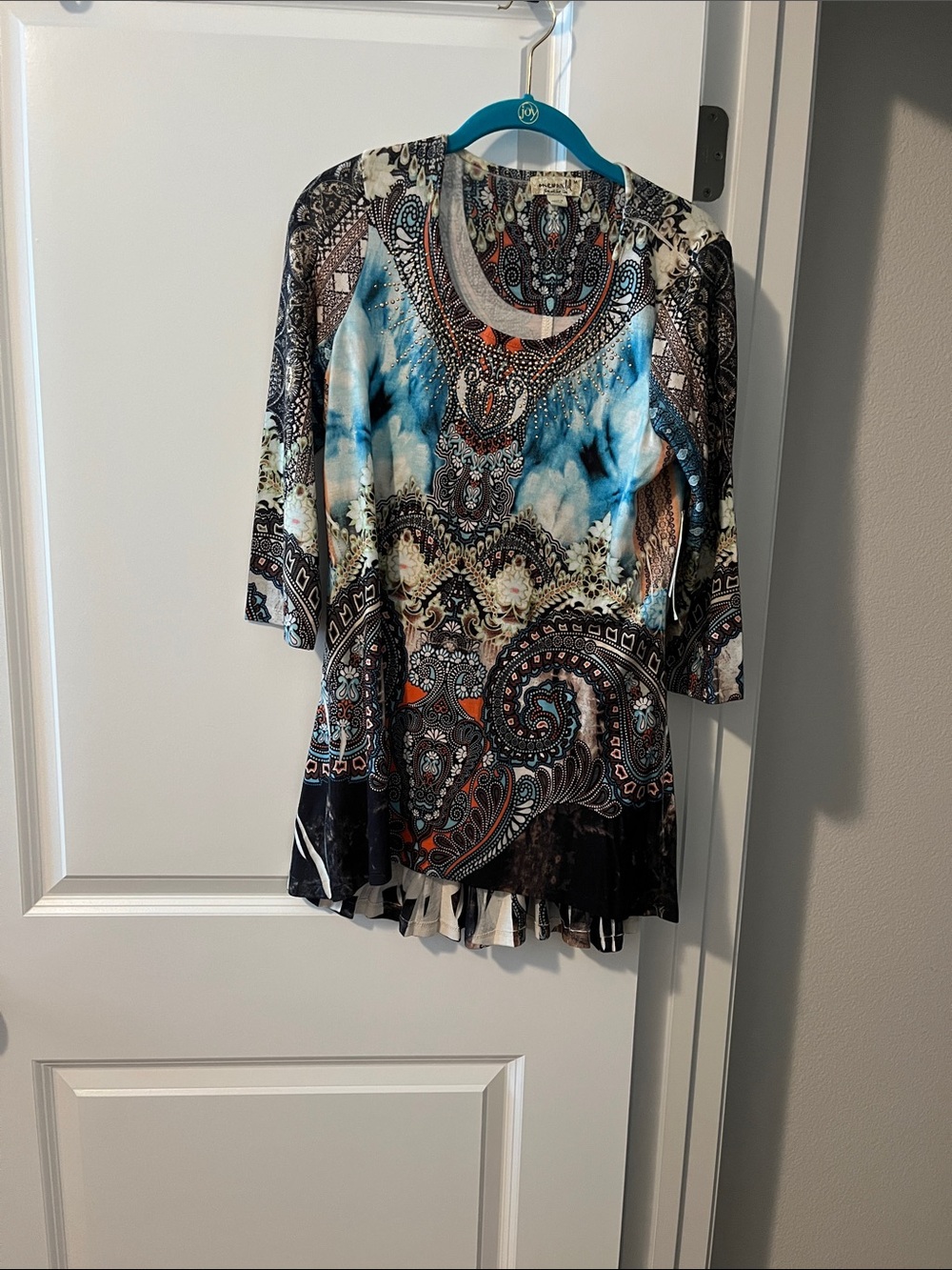 ONE WORLD Blue and Black Paisley Scoop Neck Tunic
